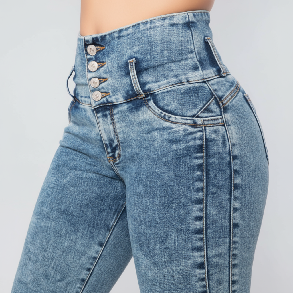 Jeans Azul Agua Tiro Alto 3 Botones
