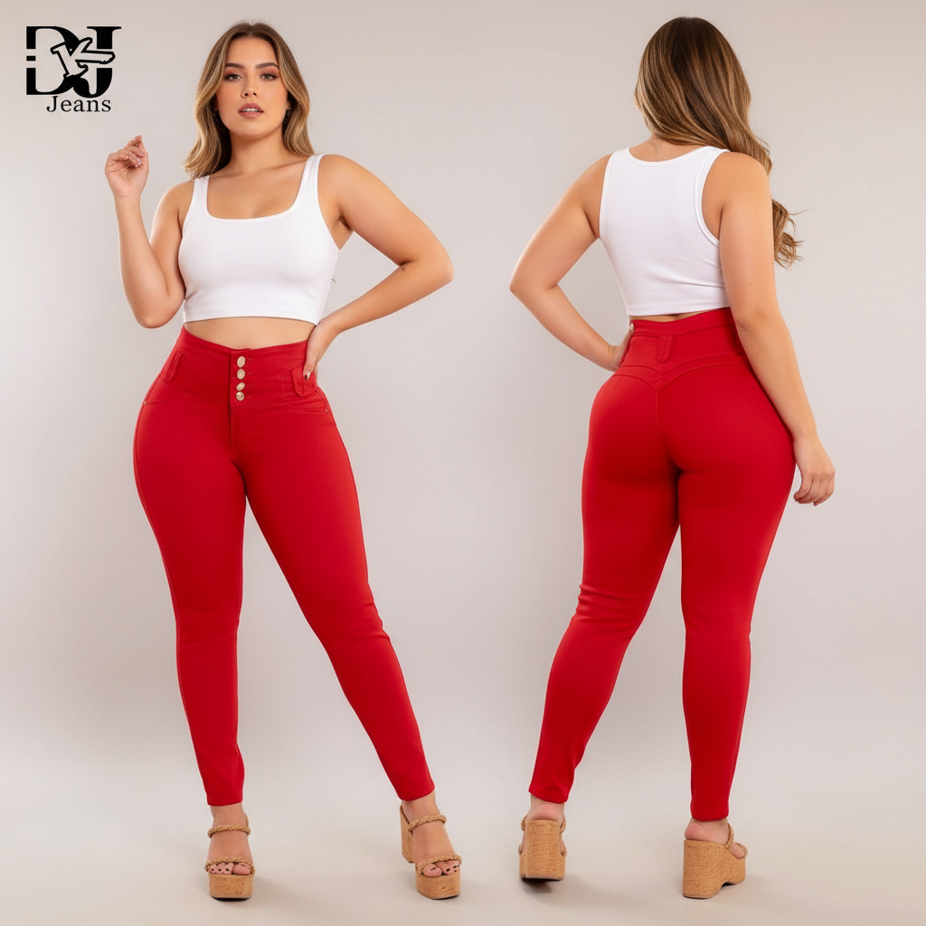 Jeans Control Abdomen Rojo 4 Botones