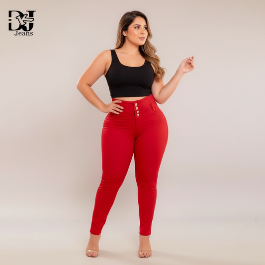 Jeans Control Abdomen Rojo 4 Botones