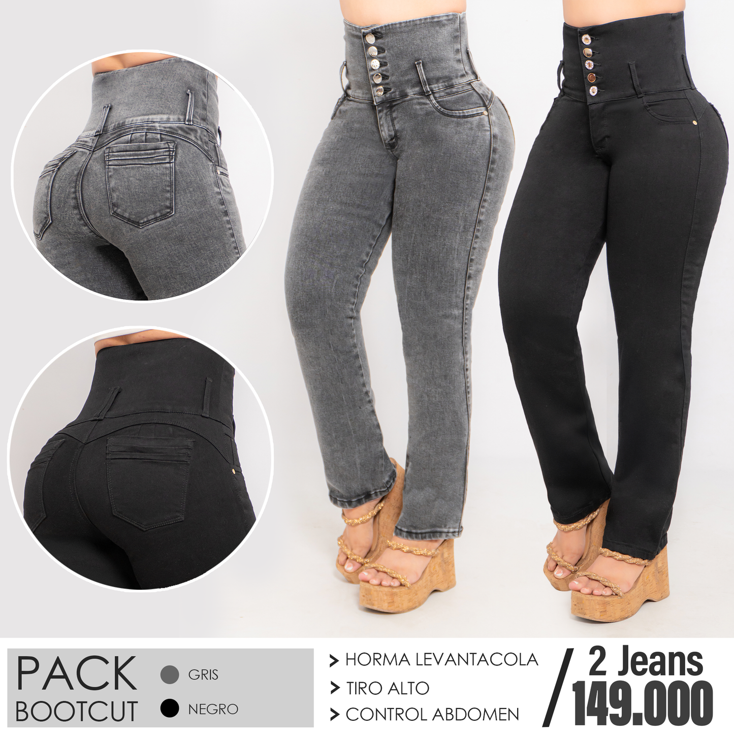 Pack 2 Jeans Bota Campana Gris y Negro
