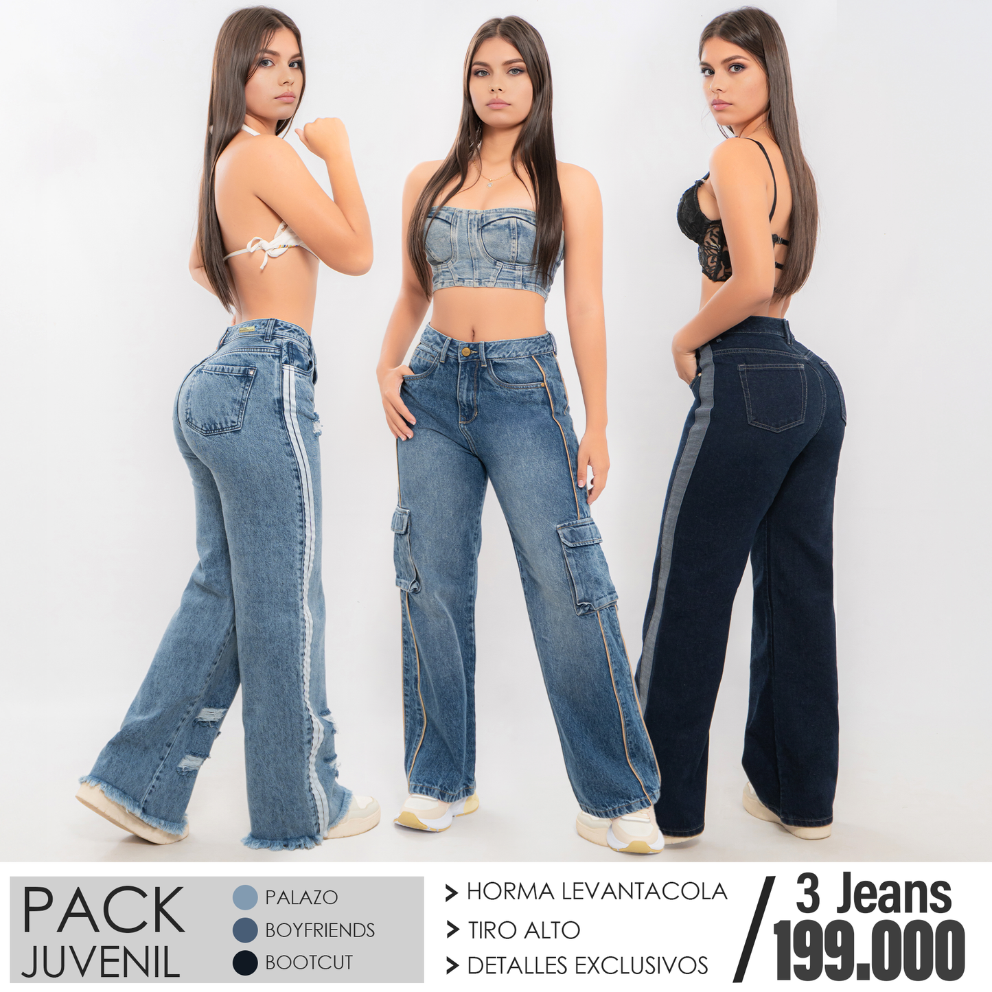 Pack x3 Jeans Juvenil Palazo, Boyfriends y Bootcut