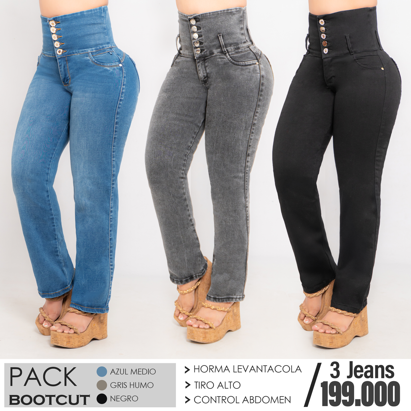 Pack 3 Jeans Botacampana Azul Claro, Gris y Negro