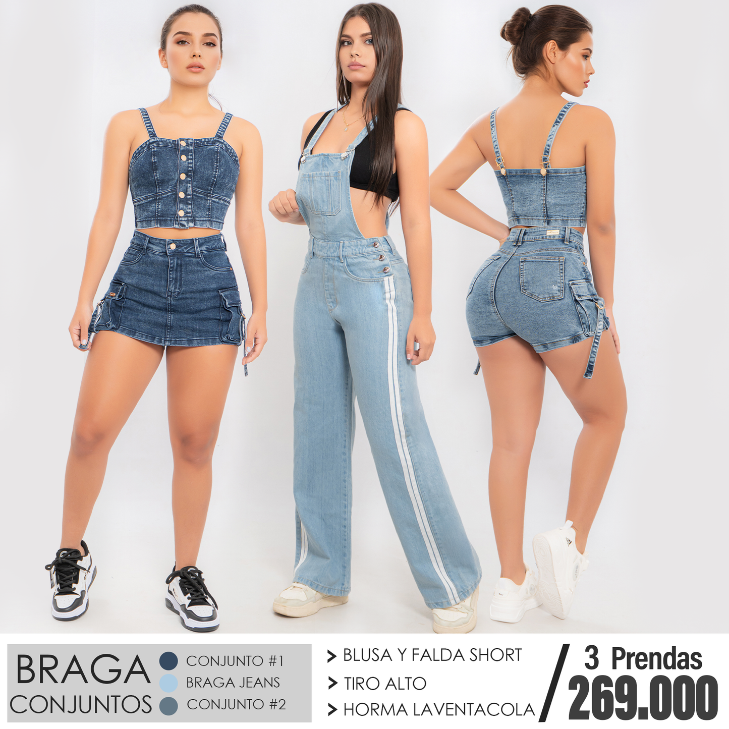 Pack x3 Prendas – Conjuntos y Braga Jeans Tiro Alto
