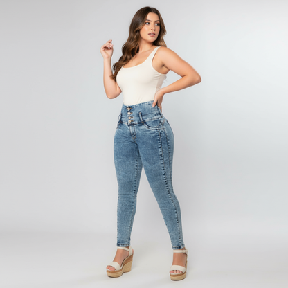 Jeans Azul Agua Tiro Alto 3 Botones