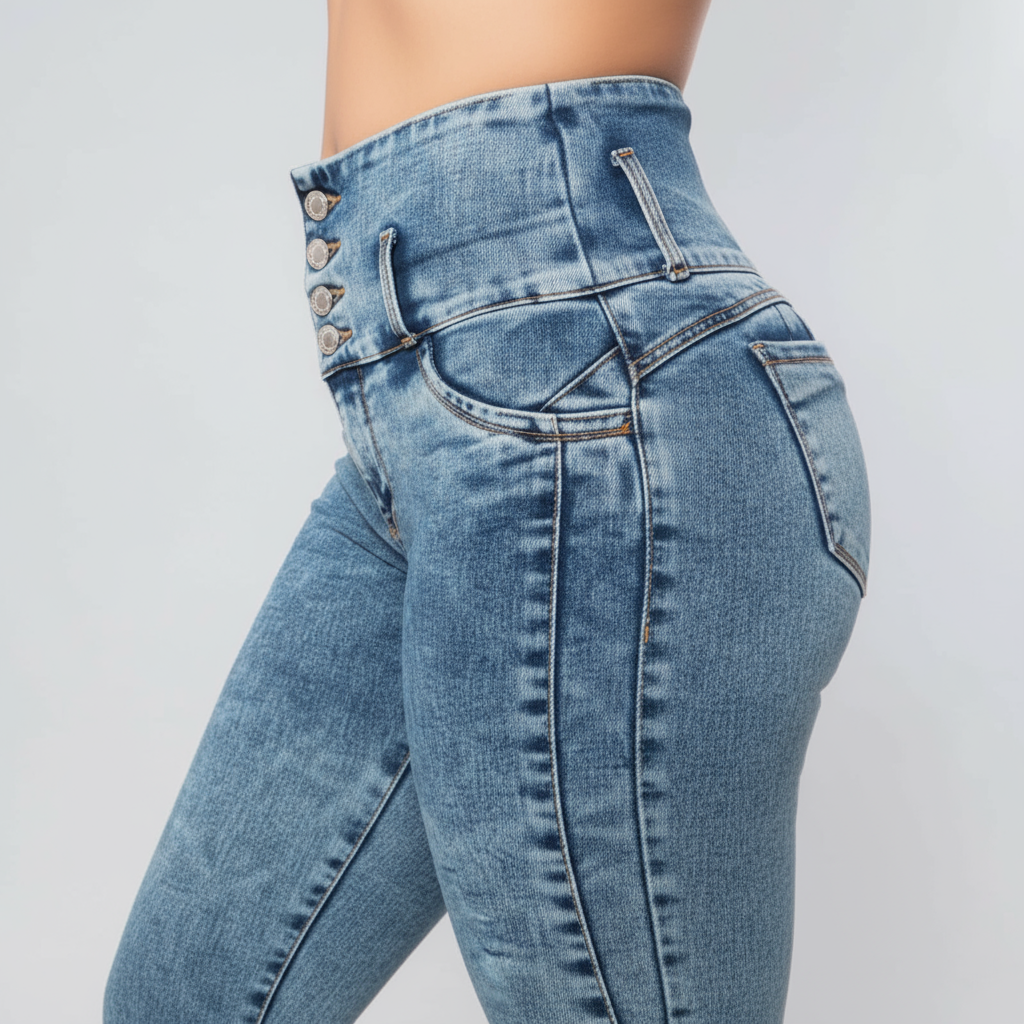 Jeans Azul Agua Tiro Alto 3 Botones