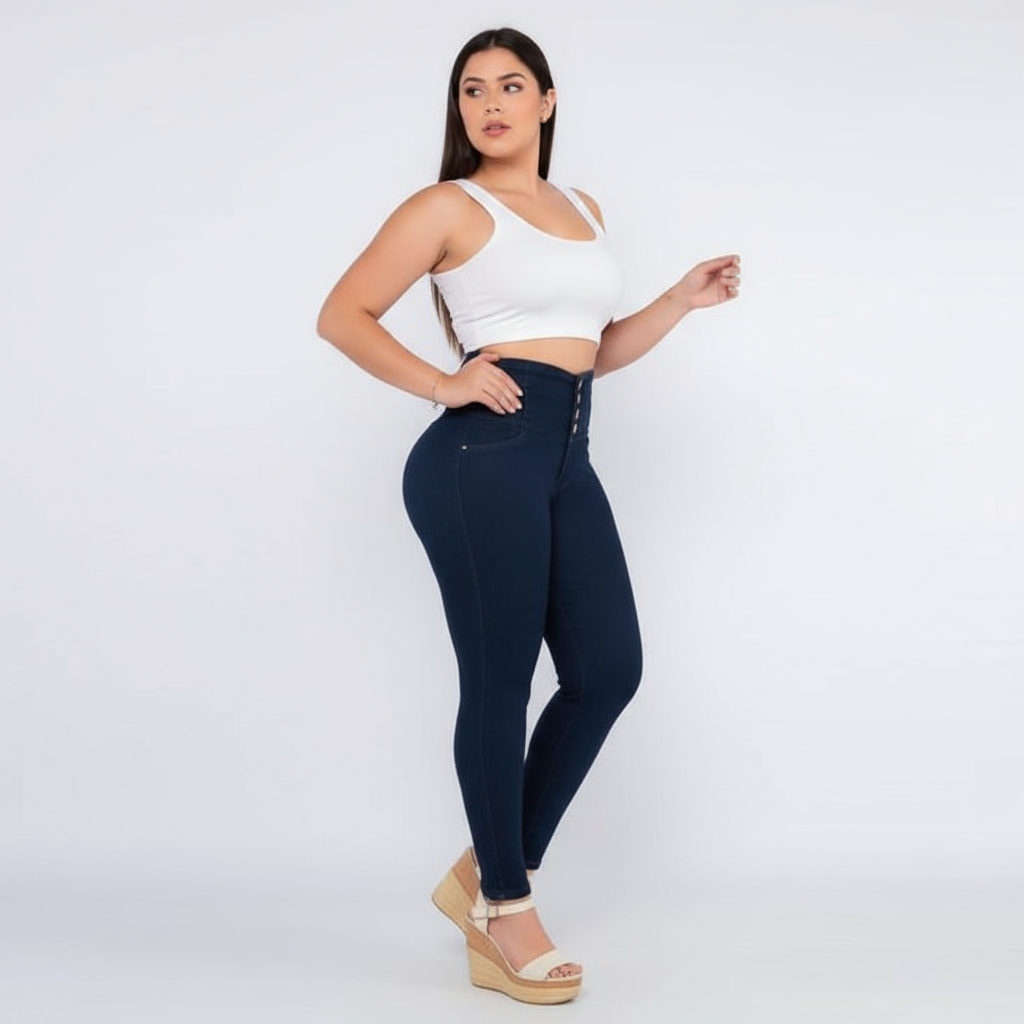 Jeans 4 Botones Control Abdomen Azul Petroleo