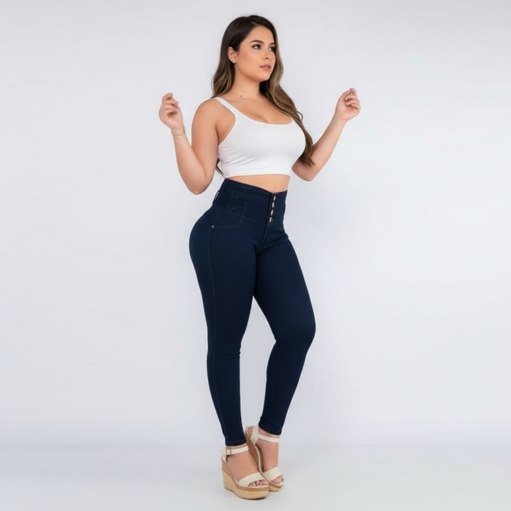Jeans 4 Botones Control Abdomen Azul Petroleo