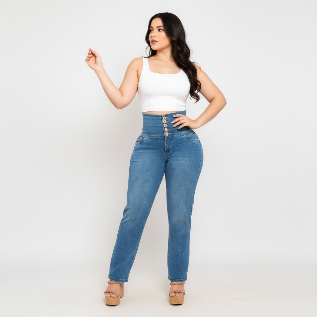 Jeans Faja 5 Botones Azul Control Abdomen