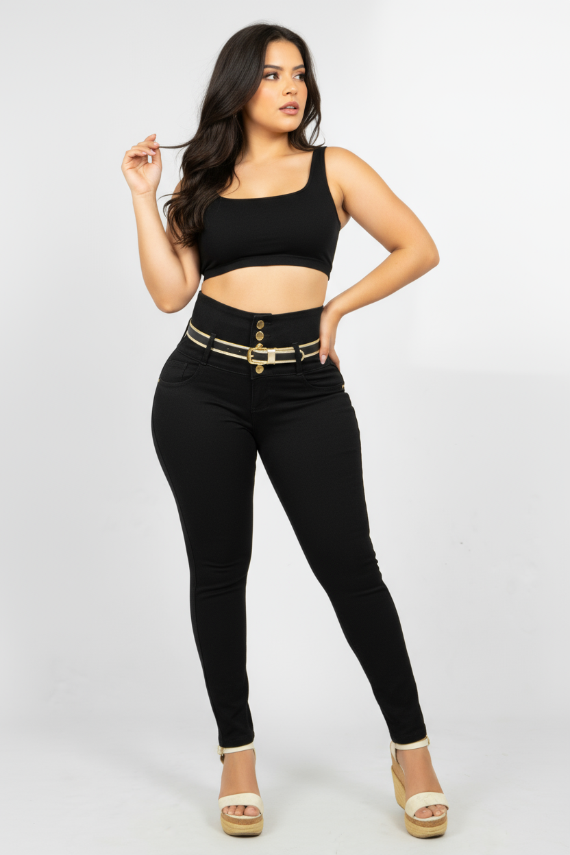 Jeans Control Abdomen Negro 5 Botones