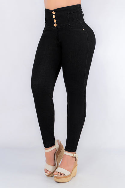 Jeans Negro Control Abdomen 4 Botones
