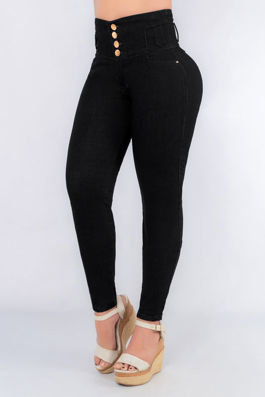 Jeans Negro Control Abdomen 4 Botones