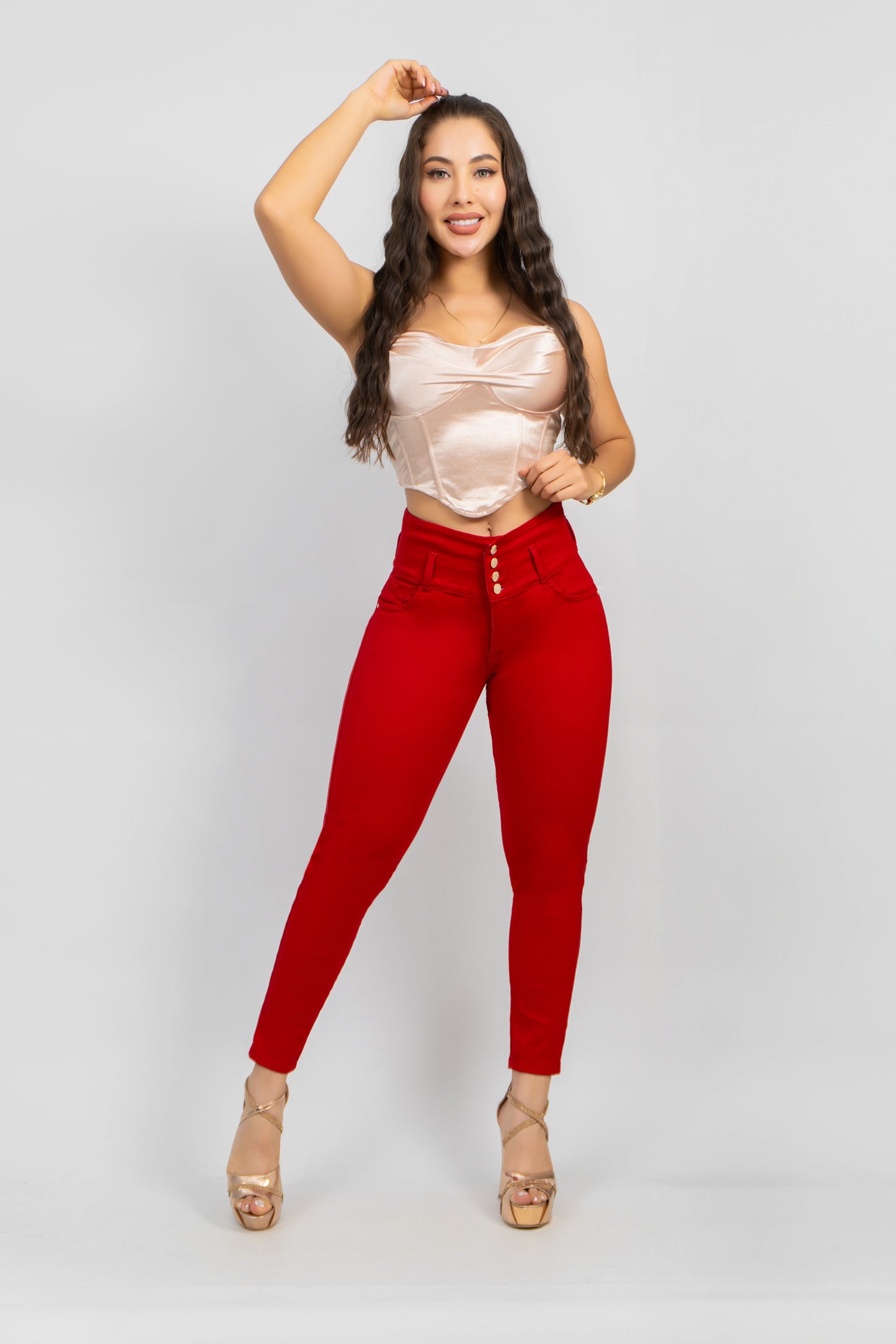 Jeans Control Abdomen Rojo 4 Botones