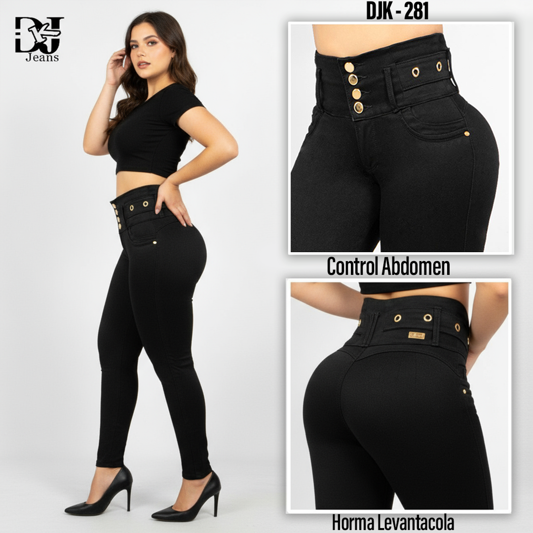 Jeans Negro Control Abdomen 5 botones