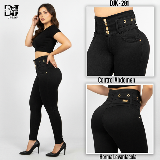 Jeans Negro Control Abdomen 5 botones