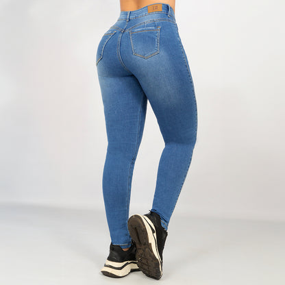 Jeans Tiro alto 1 Boton Azul Claro
