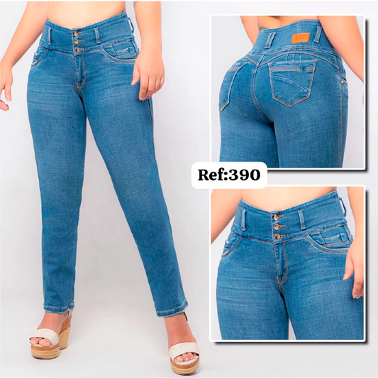 Jeans 3 Botones Tiro Alto Control Abdomen