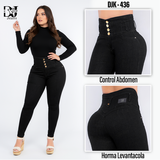 Jeans Negro Control Abdomen 4 Botones