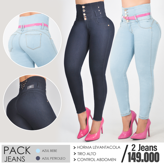 Pack 2 Jeans Control Abdomen Azul Bebe y Azul Petroleo