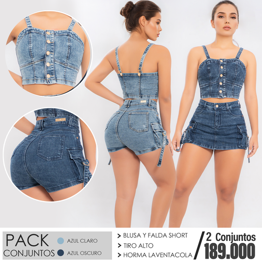 Pack x2 Conjuntos en Denim – Blusa y Falda/Short Tiro Alto