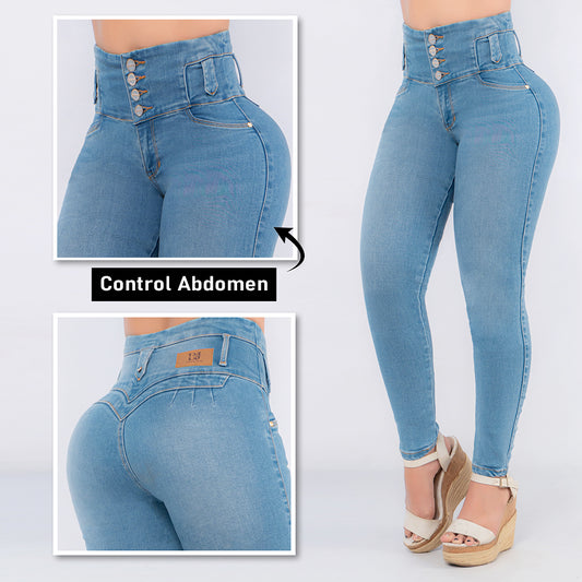 Jeans Tiro Alto Faja 5 Botones Control Abdomen