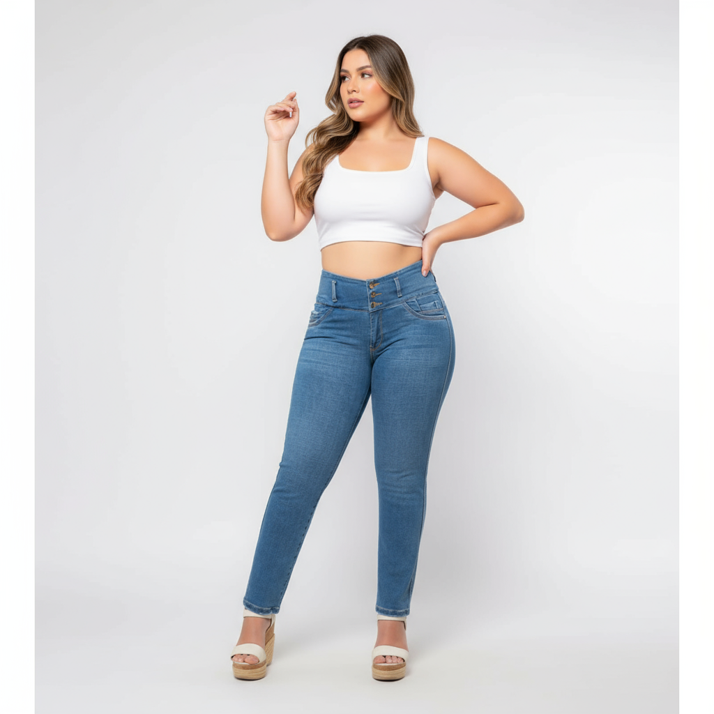 Jeans 3 Botones Tiro Alto Control Abdomen