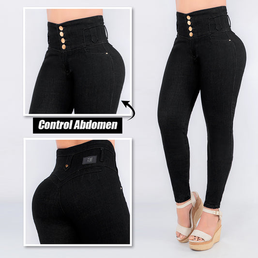 Jeans Negro Control Abdomen 4 Botones
