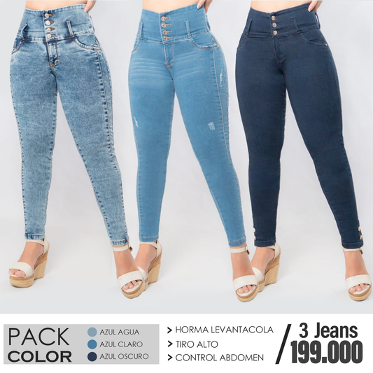 Pack 3 Jeans Control Abdomen Azul Agua, Medio y Oscuro