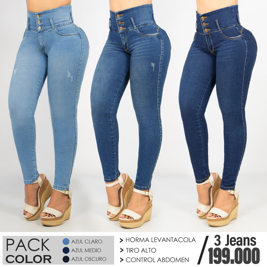 Pack x3 Jeans Control Abdomen Azul Claro, Medio y Oscuro